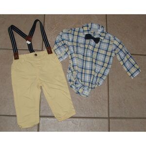 Boys Sz 6-9 Months Yellow Pants, Plaid Shirt, Suspenders & Bowtie 4 Pc Set TCP